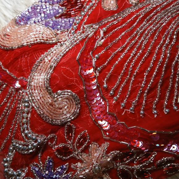 Ramana Red Beaded Sequin Silk Blend Tunic Top Size 18 Embroidered Floral Vintage - Picture 6 of 14
